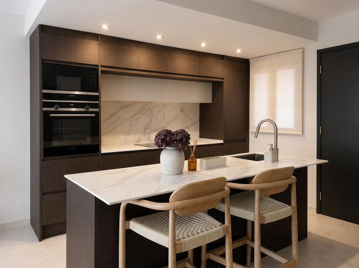 A contemporary kitchen with a marble island, dark wood cabinetry and woven bar stools