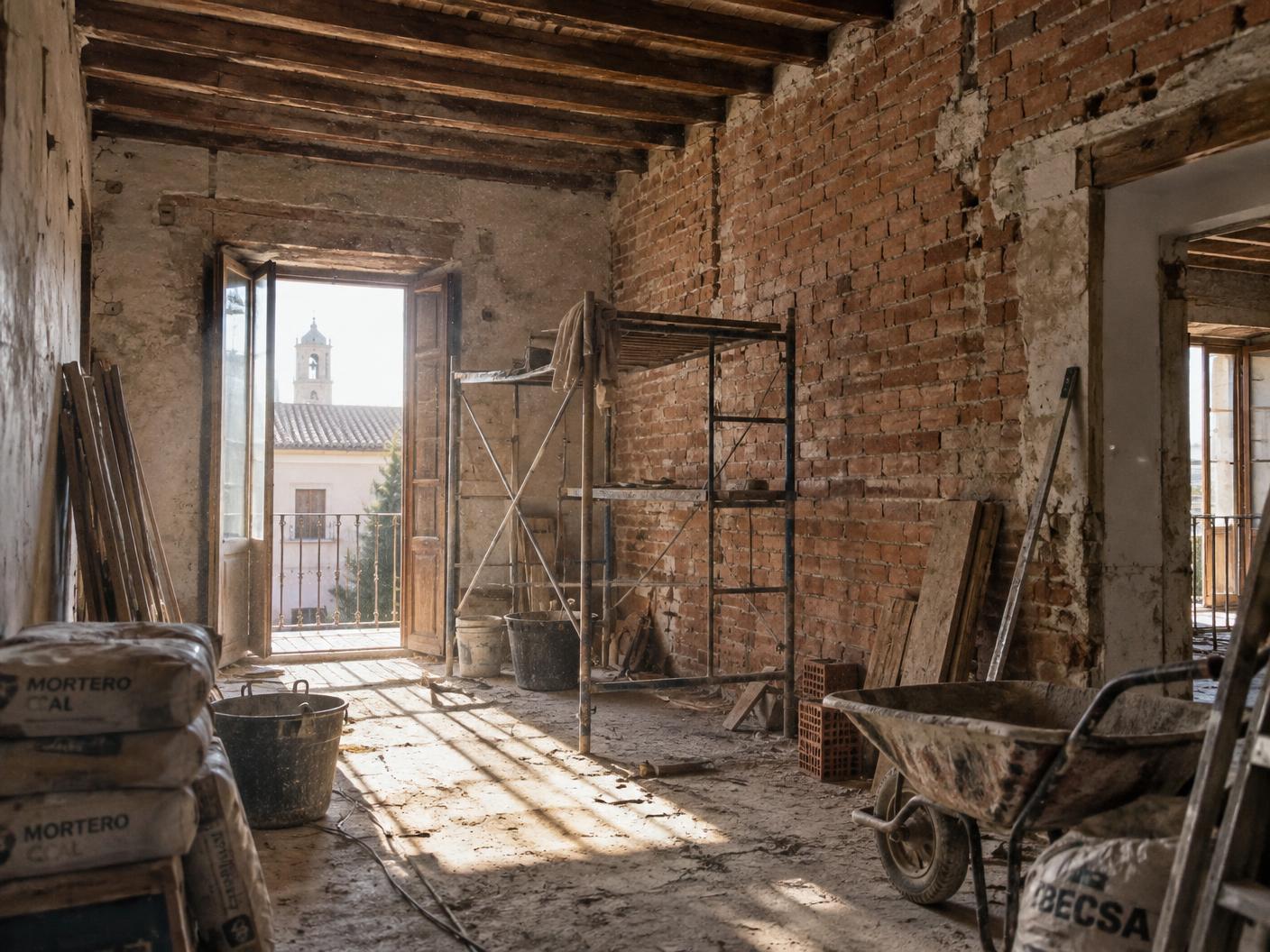 An interior renovation in progress, with exposed brick, wooden beams and construction materials