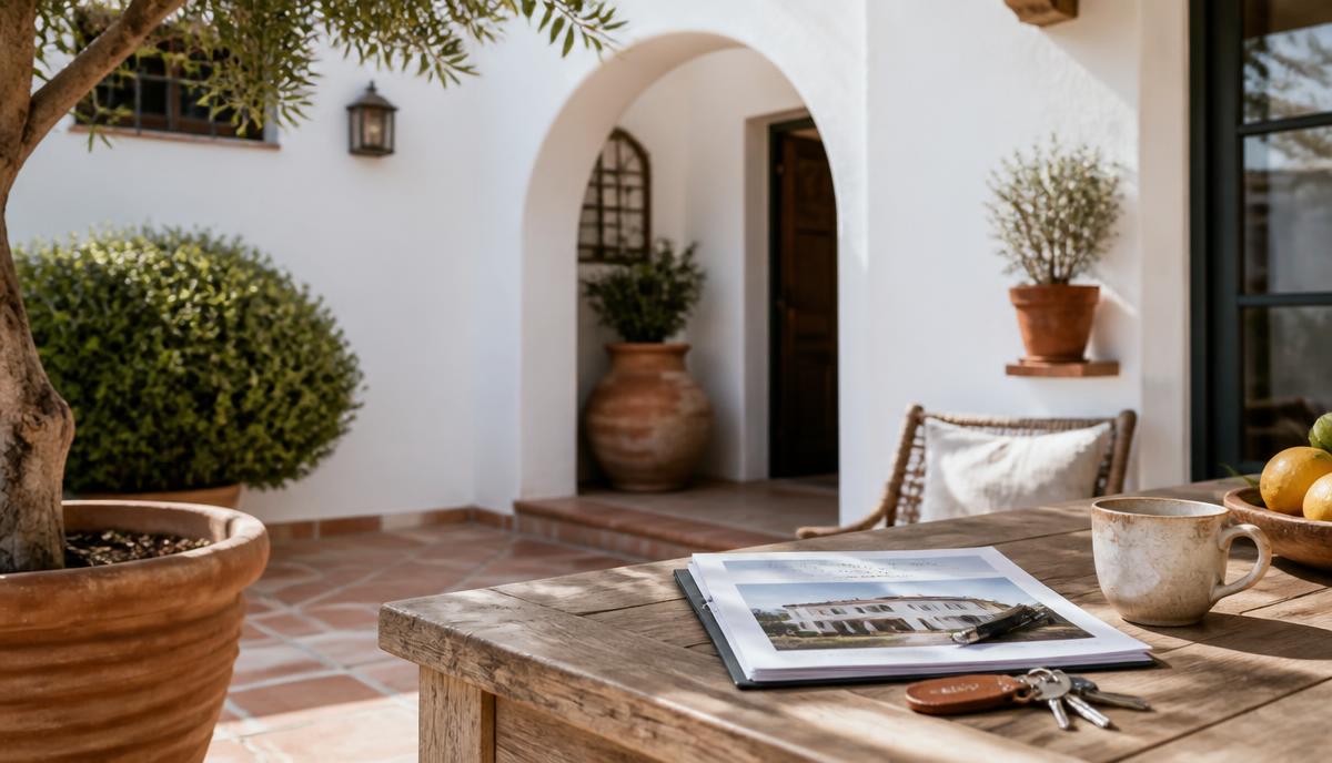Spanish villa courtyard with property paperwork, keys and coffee on a wooden table