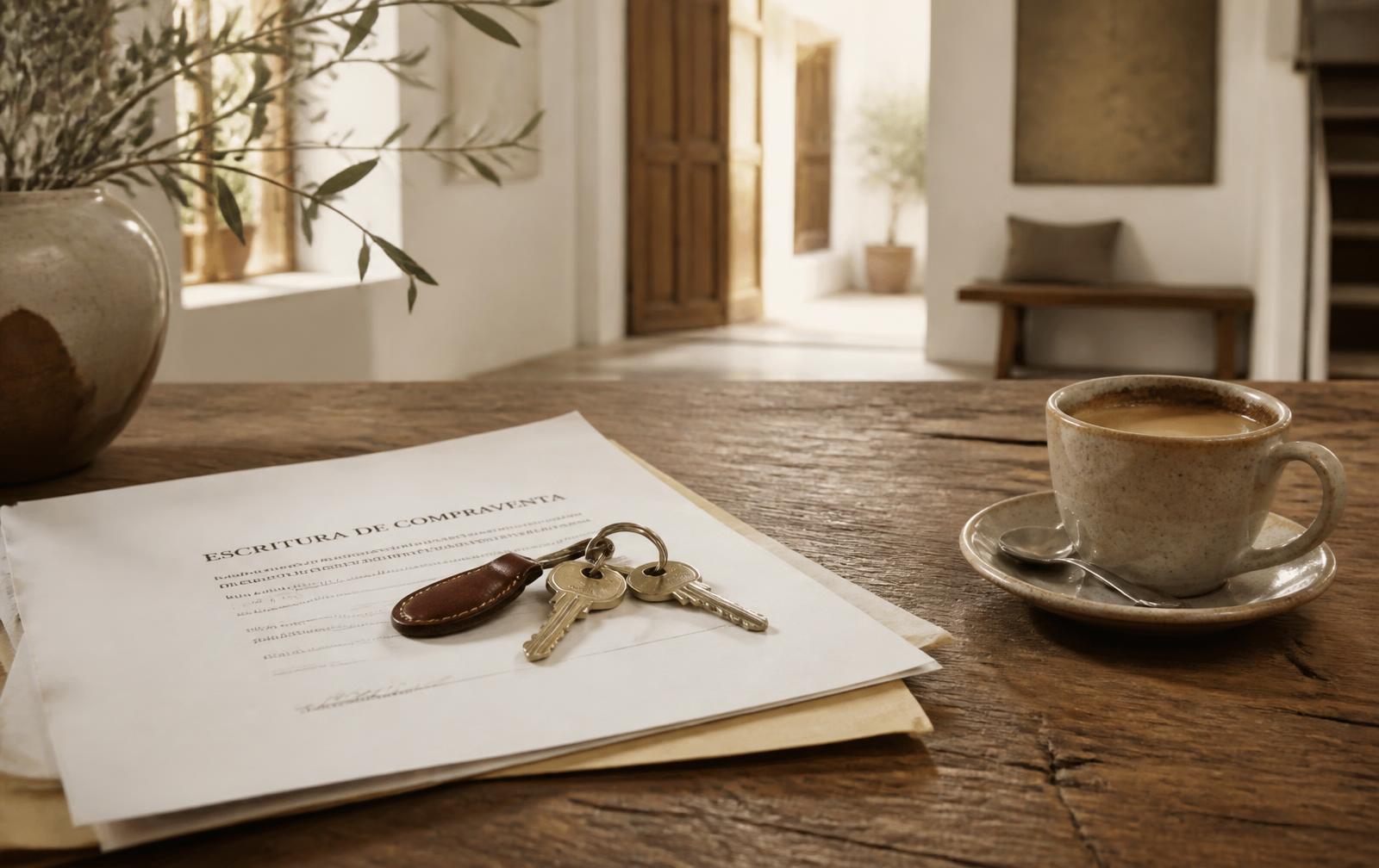 House keys resting on Spanish purchase paperwork beside a coffee cup in a bright Mediterranean home