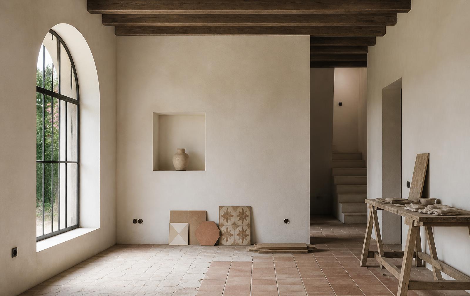 A Spanish villa mid renovation with freshly plastered walls, terracotta floor tiles and tile samples by an arched window